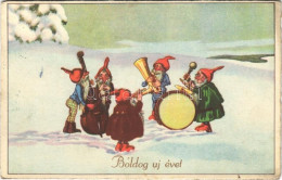 * T2/T3 Boldog Újévet! / New Year Greeting Art Postcard, Dwarves' Music Band In The Snow. W.S.S.B. 9240. (fl) - Ohne Zuordnung