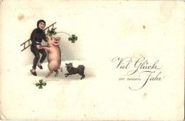 T2/T3 'Viel Glück Im Neuen Jahr' / New Year Greeting Postcard, Chimney Sweeper, Pig, Clovers, Litho (EK) - Sin Clasificación