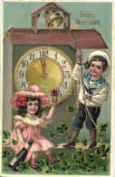 T2/T3 "Frohes Neues Jahr" / New Year Greating Postcard, Clovers, Children, Golden Litho (kopott Sarok / Worn Corner) - Ohne Zuordnung