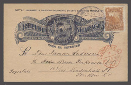 NICARAGUA. 1893 (8 Feb). Leon - UK / London (15 March). Early Local 2c Blue Stat Card 1c Adtl Tied Name Town XF Usage. L - Nicaragua