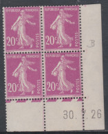 France N° 190 XX  Semeuse : 20 C. Lilas-rose  En Bloc De 4 Coin Daté Du 30 .7 . 26  Sans Point Blanc, Sans Charnière, TB - ....-1929