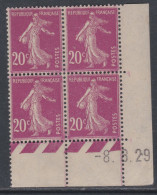 France N° 190 XX  Semeuse : 20 C. Lilas-rose  En Bloc De 4 Coin Daté Du 8 .8 . 29  Sans Point Blanc, Sans Charnière, TB - ....-1929