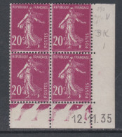 France N° 190 XX  Semeuse : 20 C. Lilas-rose En Bloc De 4 Coin Daté Du 12 . 11 . 35  1 Point Blanc, Sans Charnière, TB - ....-1929