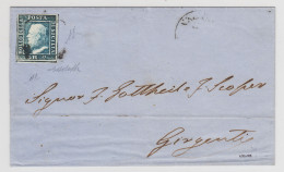 SICILIA 1859 2 GRANA AZZURRO N.8 ISOLATO SU BUSTA DA PALERMO A GIRGENTI POS.90 - Sicily