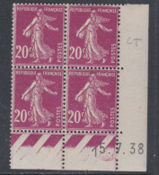 France N° 190 XX  Semeuse : 20 C. Lilas-rose En Bloc De 4 Coin Daté Du 15 .7 . 38  Sans Point Blanc, Sans Charnière, TB - ....-1929