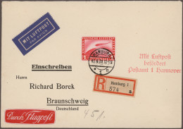 Air Mail - Germany: 1921/1957, Partie Von Sechs Flugpostbelegen, Dabei Privatgan - Poste Aérienne & Zeppelin