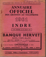 ANNUAIRE - 36 - Département Indre - Année 1961 - Annuaire Officiel Des Postes - 100 Pages - Directorios Telefónicos
