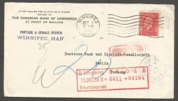 1934 Bank Cover 3c Medallion Winnipeg Manitoba To Germany Postage Due - Postal History