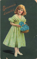 ENFANT - Souvenir D'Amitié - Fillette Aux Boucles Blondes Et Panier De Fleurs Bleues - Colorisé - Carte Postale Ancienne - Ritratti
