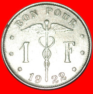 * FRENCH LEGEND: BELGIUM  1 FRANC 1922! ALBERT I (1909-1934)  · LOW START · NO RESERVE! - 1 Franc