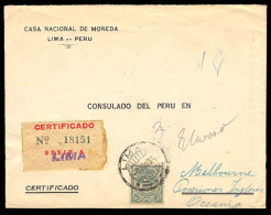 PERU. 1934.  PERU- AUSTRALIA.  Registered Frkd.env.  50 C. Via NY.-San Francisco  Scarce Dest. - Peru