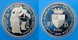 ANDORRA 10 D 1998 ARGENTO PROOF GIUSTIZIA FIGURA ALLEGORICA PESO 31,47g TITOLO 0,925 CONSERVAZIONE FONDO SPECCHIO UNC. - Andorre