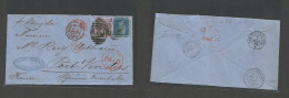 BRAZIL. 1869 (10 March) RJ - France, Port Vendres (6 Apr) Fkd Env GB 2d Blue + 6d Lilac Large Corner Letters Surfaced Pr - Otros & Sin Clasificación
