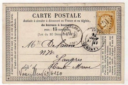 !!! CARTE PRECURSEUR CERES CACHET DE VAUVILLERS (HAUTE SAONE) 1874 - Cartes Précurseurs