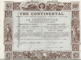 LA CONTINENTAL - SOCIETE MINIERE ET METALLURGIQUE -ANNEE 1890- TRES BELLE ACTION ILLUSTREE  DE 100 FRS - Mijnen