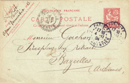 ENTIER POSTAL CARTE POSTALE De 1904 - Cachet Paris Rue Parmentier à Mr Goichon Percepteur Impots Bazeilles Ardennes 08 - Cartes Précurseurs