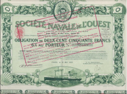 SOCIETE  NAVALE DE L'OUEST  - OBLIGATION DE 250 FRANCS - 6 % AU PORTEUR  -ANNEE 1923 - Navy