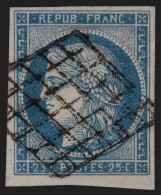 N°4, Cérès 1850, 25c Bleu, Oblitéré Grille Noire - TB - 1849-1850 Ceres