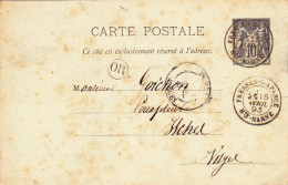 ENTIER POSTAL SAGE CARTE POSTALE De 1893 Cachet Fresnes Sur Apance 52 à ISCHES Vosges - à Goichon Percepteur Impôts - Cartes Précurseurs