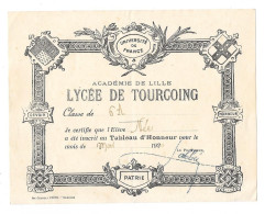 ACADÉMIE DE LILLE - LYCÉE DE TOURCOING - Classe De 6A - Mai 1920 TABLEAU D'HONNEUR à L'Elève .... - Diplômes & Bulletins Scolaires