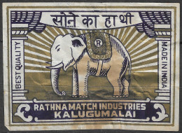 VINTAGE  Phillumeny MATCHBOX LABEL  MADE IN INDIA ELEPHANT RATHNA MATCH INDUSTRIES KALUGUMALAI   6.5 X 8  Cm  RARE - Matchbox Labels