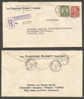 1932 Canadian Surety Advertising Cover Registered 13c W/ Arch CDS Victoria BC - Postal History