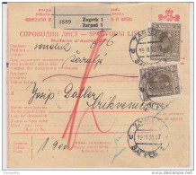 Yugoslavia Kingdom SHS Parcel Card - Sprovodni List 1930 Zagreb To Crikvenica Bb160516 - Otros & Sin Clasificación