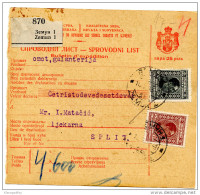 Kingdom SHS 1928 Poštna Spremnica - Parcel Card Zemun - Split B151204 - Sonstige & Ohne Zuordnung