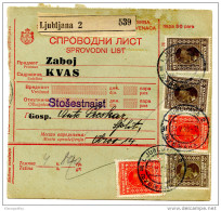 Kingdom SHS 1928 Poštna Spremnica - Parcel Card Ljubljana - Split B151204 - Autres & Non Classés