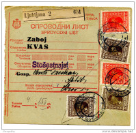 Kingdom SHS 1928 Poštna Spremnica - Parcel Card Ljubljana - Split B151204 - Andere & Zonder Classificatie