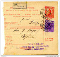 Kingdom SHS 1929 Poštna Spremnica - Parcel Card Zagreb - Split B151204 - Otros & Sin Clasificación