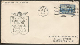 1949 First Flight Cover 7c Airmail Vancouver BC To Honolulu Hawaii - Postal History