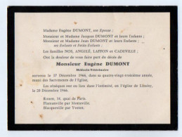 VP22.400 - LEMESY X ROUEN X FLAMANVILLE X BLACQUEVILLE 1966 - Faire - Part De Décès De M. DUMONT Médecin - Vétérinaire - Décès