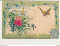 PAPILLON FLEURS ROSES ET BATEAU CPA GAUFREE BON ETAT - Papillons