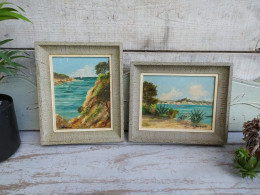 Paire De Tableaux Marine Porquerolles L'Oustaou De Diou Signés V. Bernard Ca1950 - Olieverf