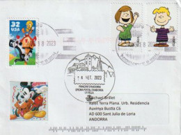 Charles M. Schulz. Personnages.Charlie Brown.Peppermint Patty., Lettre 2023 USA à Andorra,avec Timbre à Date Arrivée - Covers & Documents