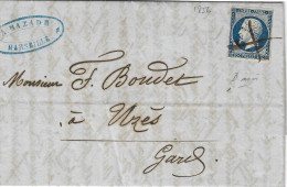 0014. LAC Affie N°14 Ty. I  Bleu-noir (RARE Ob. à La Plume) - De Marseille à Uzès (GARD) - Juin 1856 - 1849-1876: Classic Period