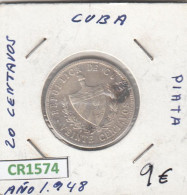 CR1574 MONEDA CUBA 20 CENTAVOS 1948 PLATA MBC - Cuba