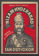 ANTIQUE MADE IN SWEDEN  Phillumeny MATCHBOX LABEL NIZAM-HYDERABAD TANDSTICKOR  3.5 X 5   Cm  RARE - Matchbox Labels