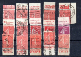 !!! LOT DE 15 TIMBRES AVEC BANDES PUBS OBLITERES TOUS DIFFERENTS - Used Stamps