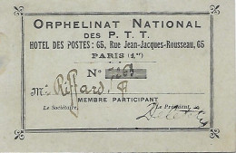 Carte De Membre - Orphelinat National Des PTT - Hôtel Des Postes - Comité Du Rhône - Mr Riffard - - Mitgliedskarten