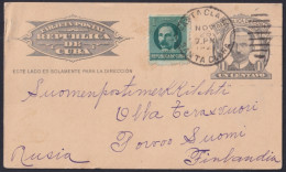 1904-EP-201 CUBA 1904 POSTAL STATIONERY 1c MARTI CARD 1921 TO FINLAND VIA RUSSIA.  - Covers & Documents