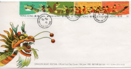 CANOES - HONG KONG - 1985 - DRAGON BOAT FESTIVAL STRIP OF 4 ON ILLUSTRATED FDC - Kanu