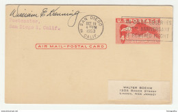 US, Postal Stationery Air Mail-postal Card Travelled 1953 San Diego Pmk B190201 - 1941-60