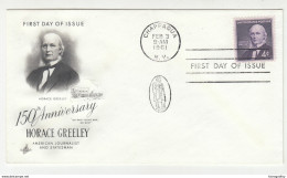 150th Anniversary Horace Greeley FDC 1961 Chappaqua Pmk B200901 - 1961-1970