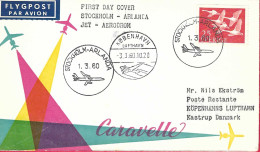 SVERIGE - FIRST FLIGHT SAS WITH CARAVELLE FROM STOCKHOLM TO KOPENHAVN *1.3.60* ON OFFICIAL COVER - Storia Postale