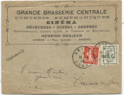 FRANCE GREVE 10C AMIENS + SEMEUSE 10C BELLE ENVELOPPE LETTRE ENTETE GRANDE BRASSERIE CINEMA AMIENS 16.5.1909 . - Zegels