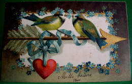 Cpa  Gaufree OISEAUX   FLECHE, COEUR, RUBAN ,FLEURS, ST VALENTIN ,BIRDS TITS ON ARROW VALENTINE EMBOSSED EARLY PC - Valentine's Day