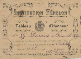 Tarbes, Institution Fénelon, Tableau D'honneur,; G. Durand, Cours élémentaire, ,octobre 1913, Bulletin Scolaire - Diplômes & Bulletins Scolaires