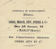 1870 SERVICE MILITAIRE REMPLACEMENT ASSURANCE Aaron Ihrsch Levy Pierre Nancy  > Rey  Chevagnes Thiel Sur Acolin  Allier - 1800 – 1899